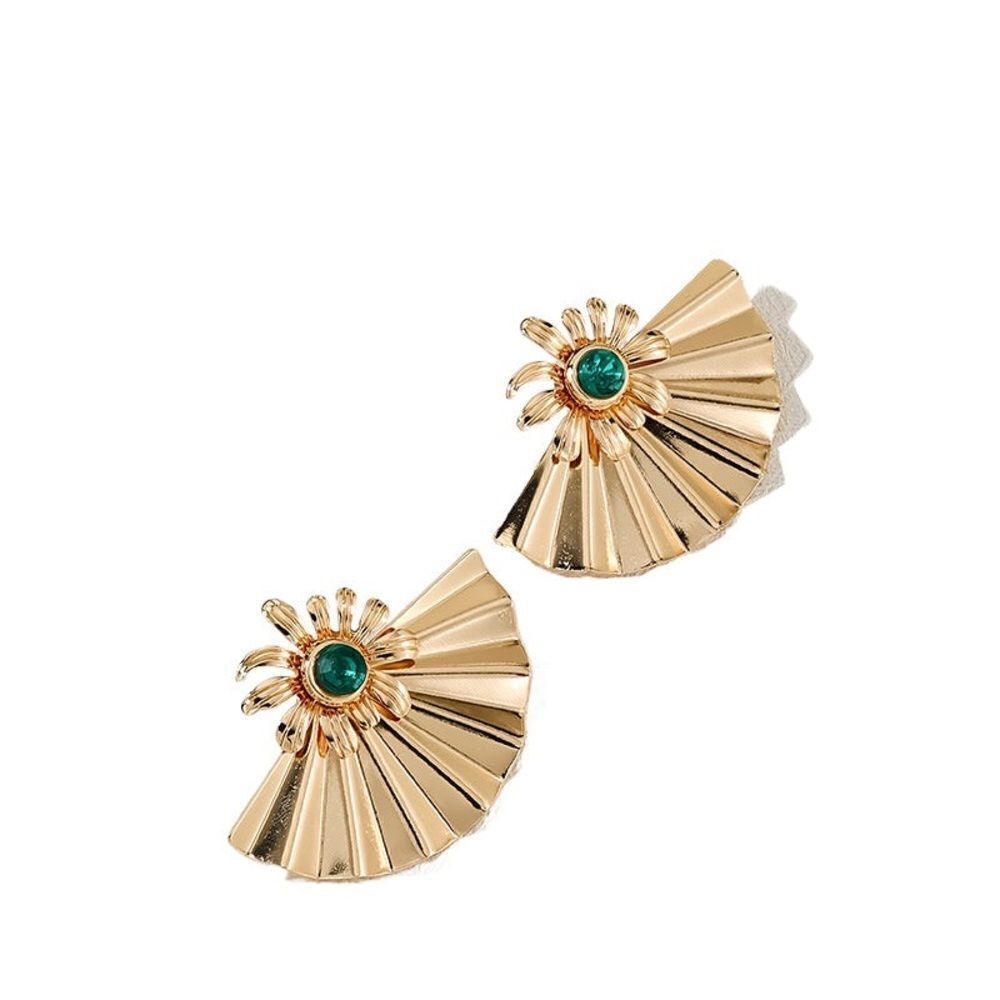Anthropologie Gold Fan Drop Earrings with Green Stone